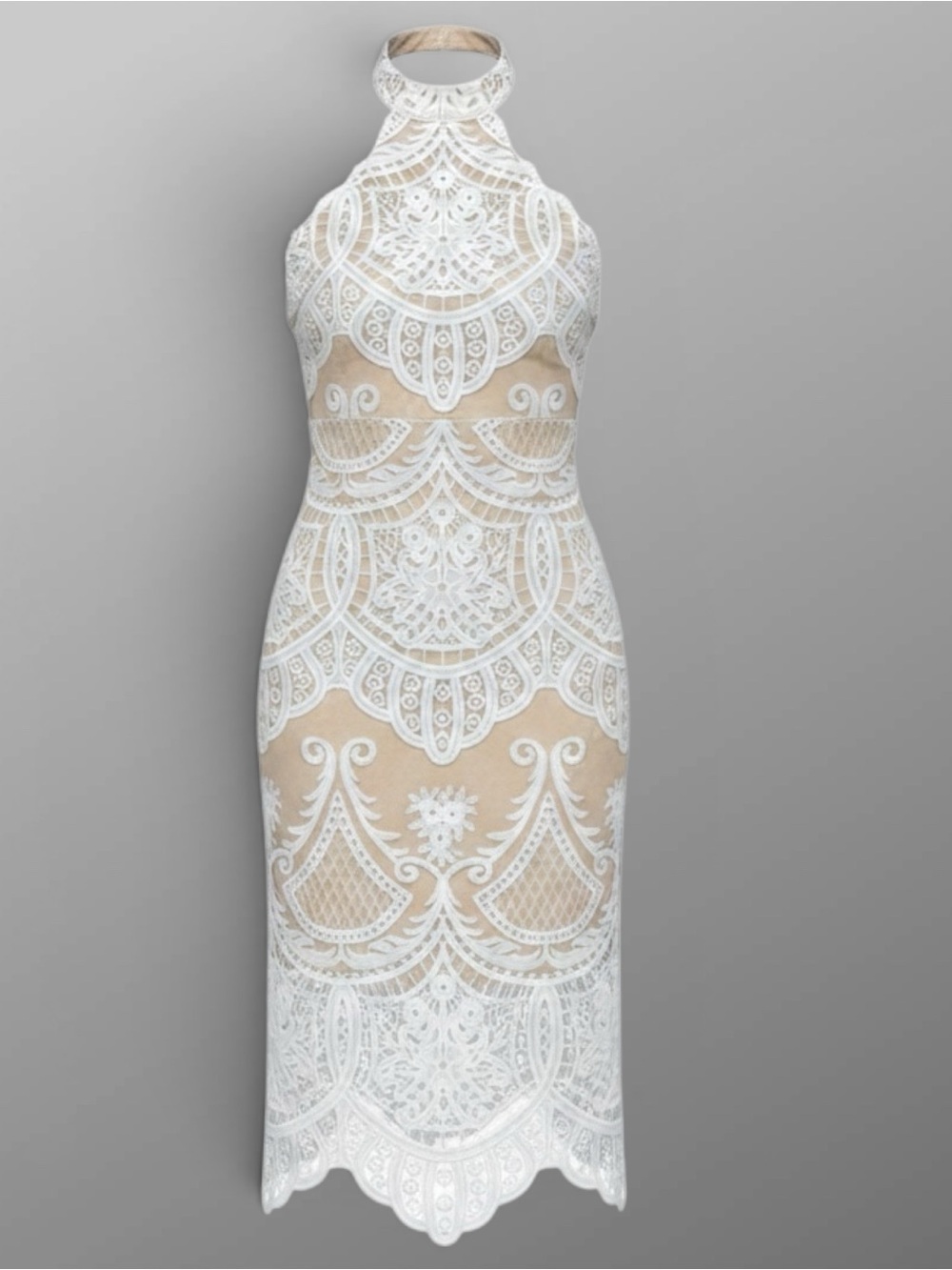 Lulu's White and Tan Lace Midi Dress Small Halter